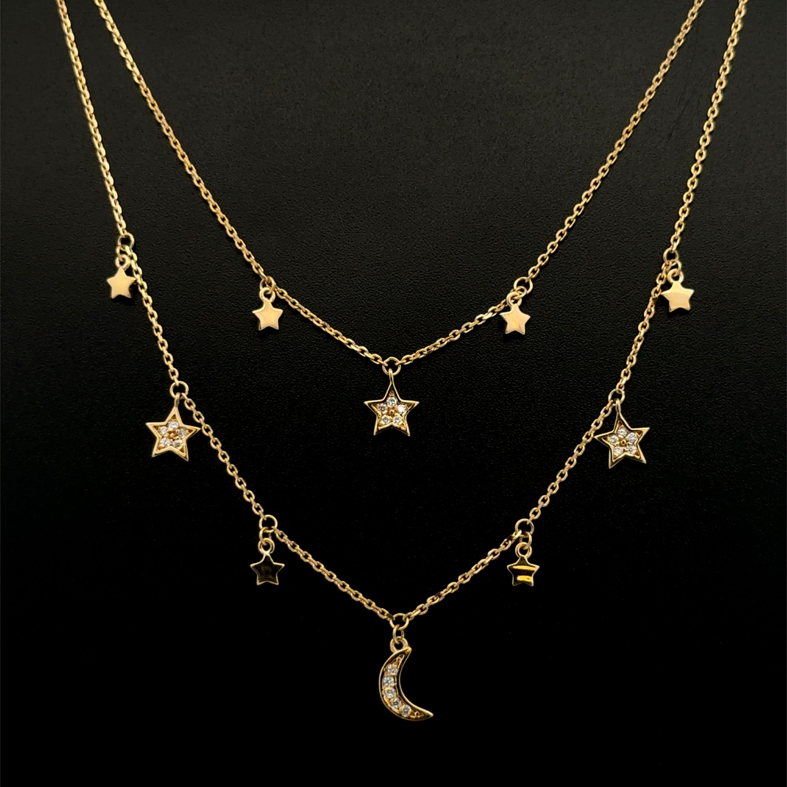 14K YG Petite Sun, Moon & Stars .15tcw Diamond Station Double Row Necklace 4.2g, 18"