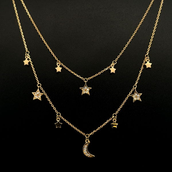 Closeup photo of 14K YG Petite Sun, Moon & Stars .15tcw Diamond Station Double Row Necklace 4.2g, 18"