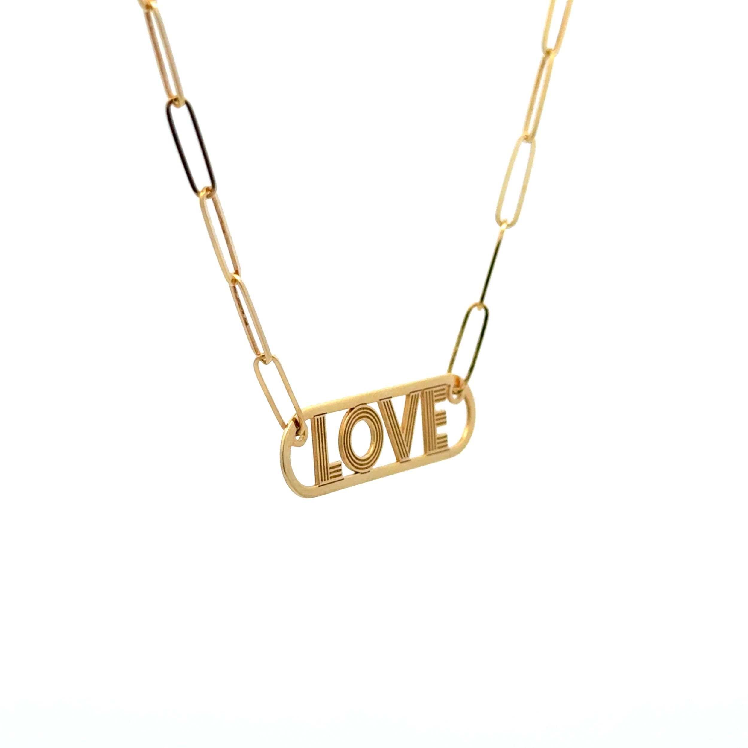 14K YG Petite LOVE Pendant on Paper Clip Chain Necklace 4.7g, 18"