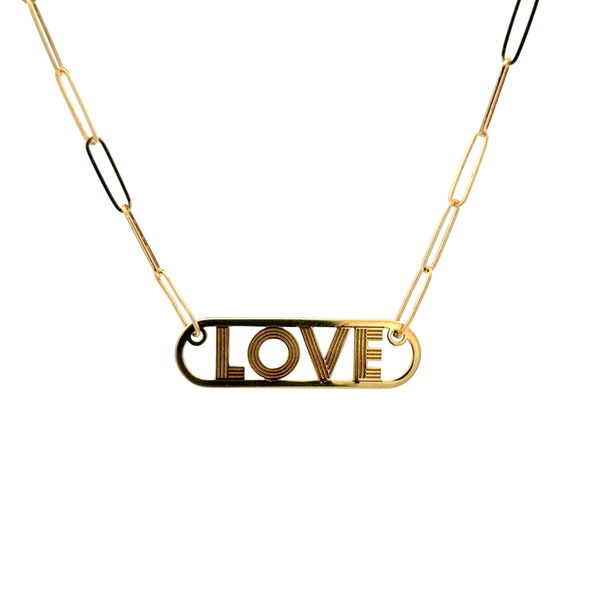 Closeup photo of 14K YG Petite LOVE Pendant on Paper Clip Chain Necklace 4.7g, 18"