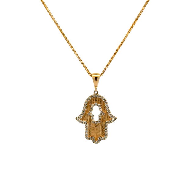 Closeup photo of 14K YG Petite .30tcw Diamond Hamsa Pendant Necklace 5.0g, 18"