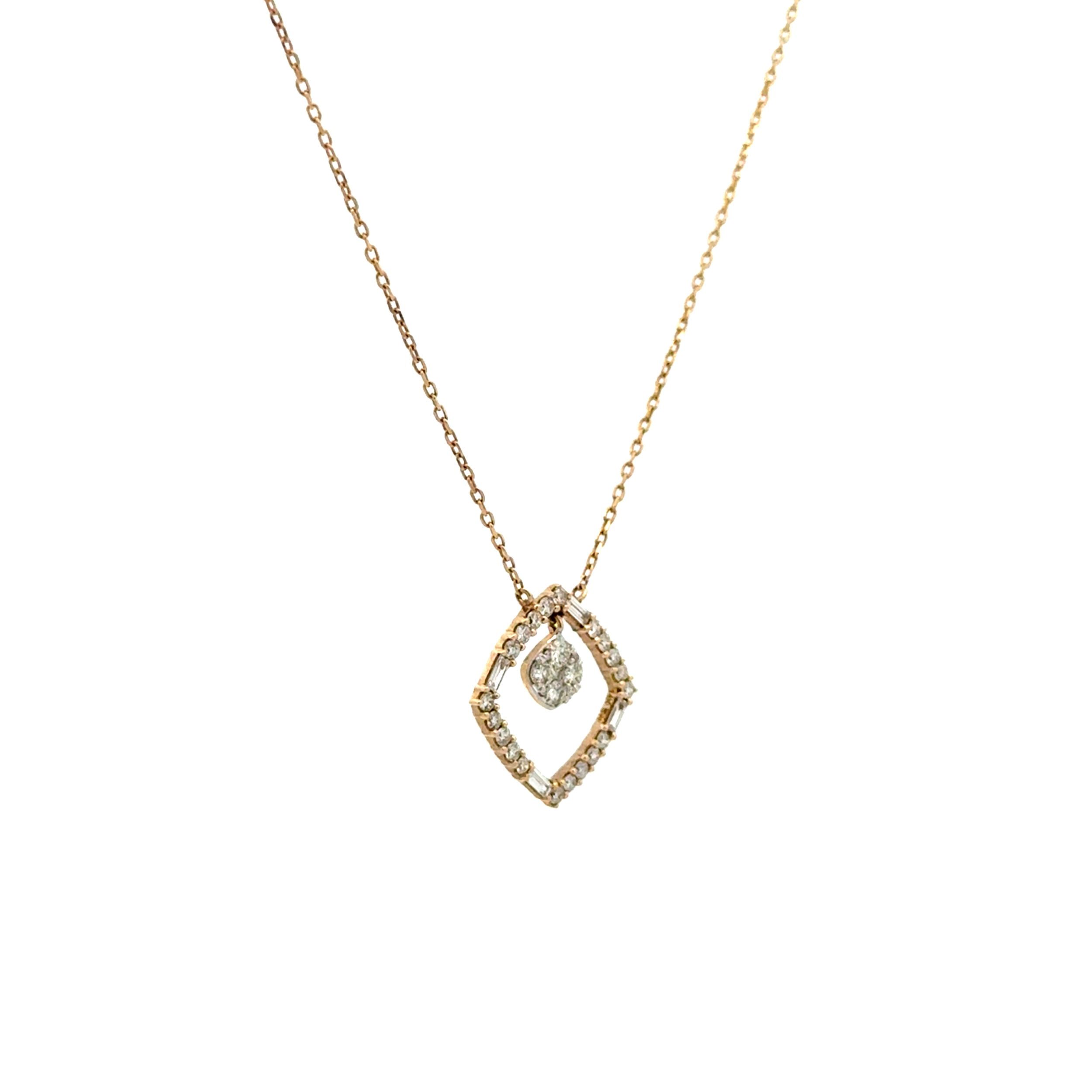 14K YG Petite Open Square .40tcw Baguette & RBC Diamond Pendant Necklace 2.0g, 18"