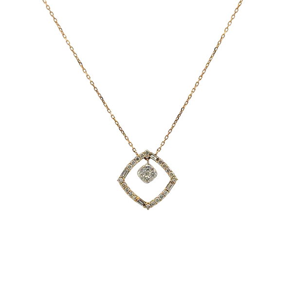 Closeup photo of 14K YG Petite Open Square .40tcw Baguette & RBC Diamond Pendant Necklace 2.0g, 18"
