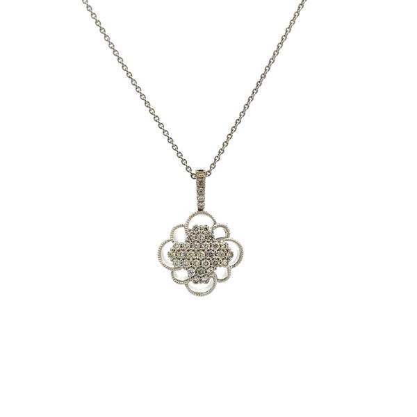 Closeup photo of 14K & 10K WG .18tcw RBC Diamond Flower Milgrain Pendant Necklace 3.0g, 18"