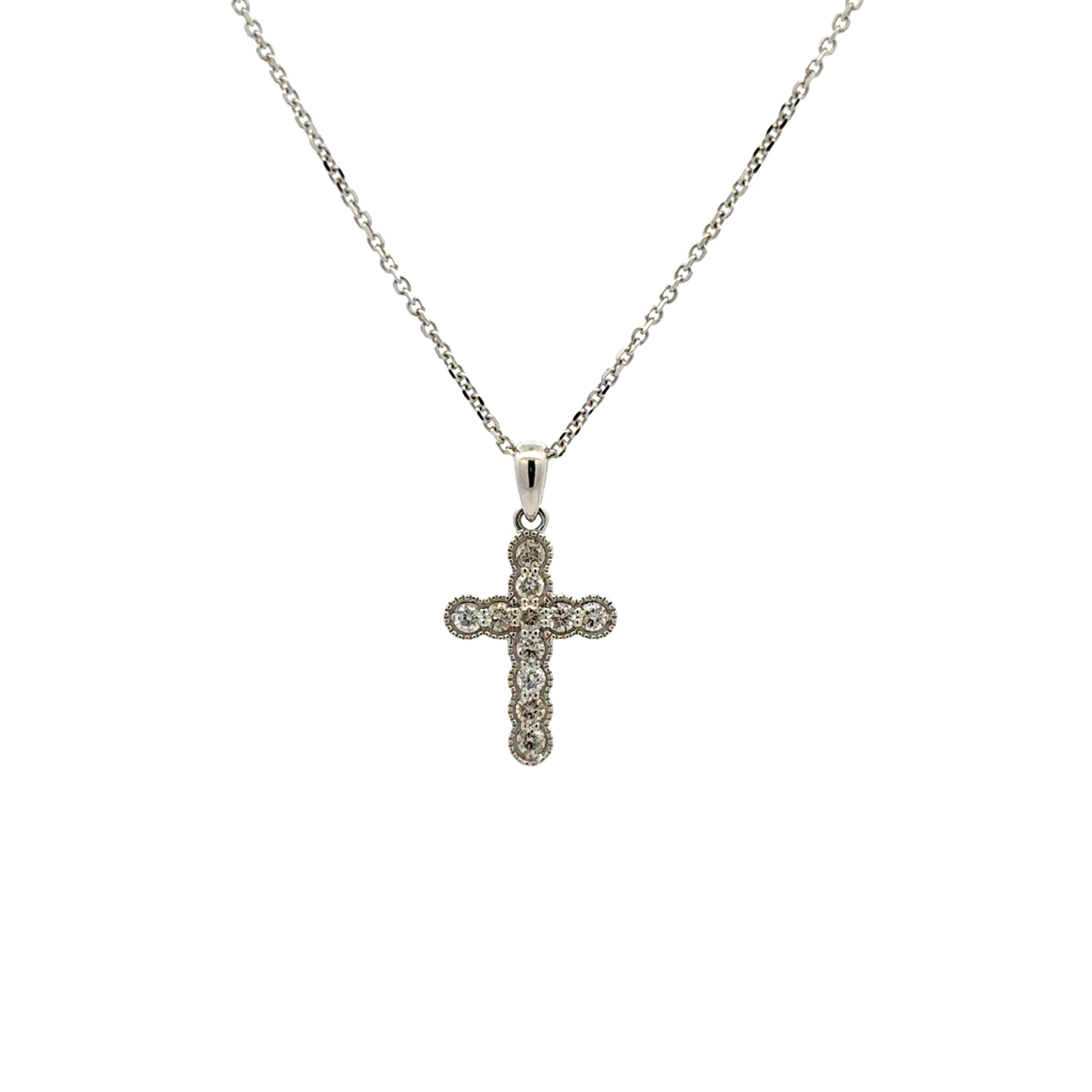 14K WG .50tcw RBC 11 Diamond Cross Milgrain Pendant Necklace 2.4g, 16"