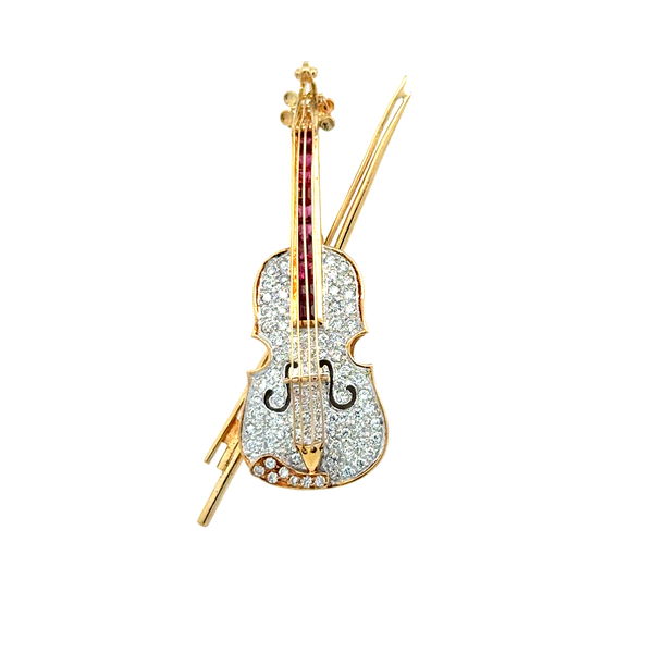 Closeup photo of 18K YG Violin .50tcw Ruby & .60tcw Diamond Brooch Pendant 10.9g, 1.65"