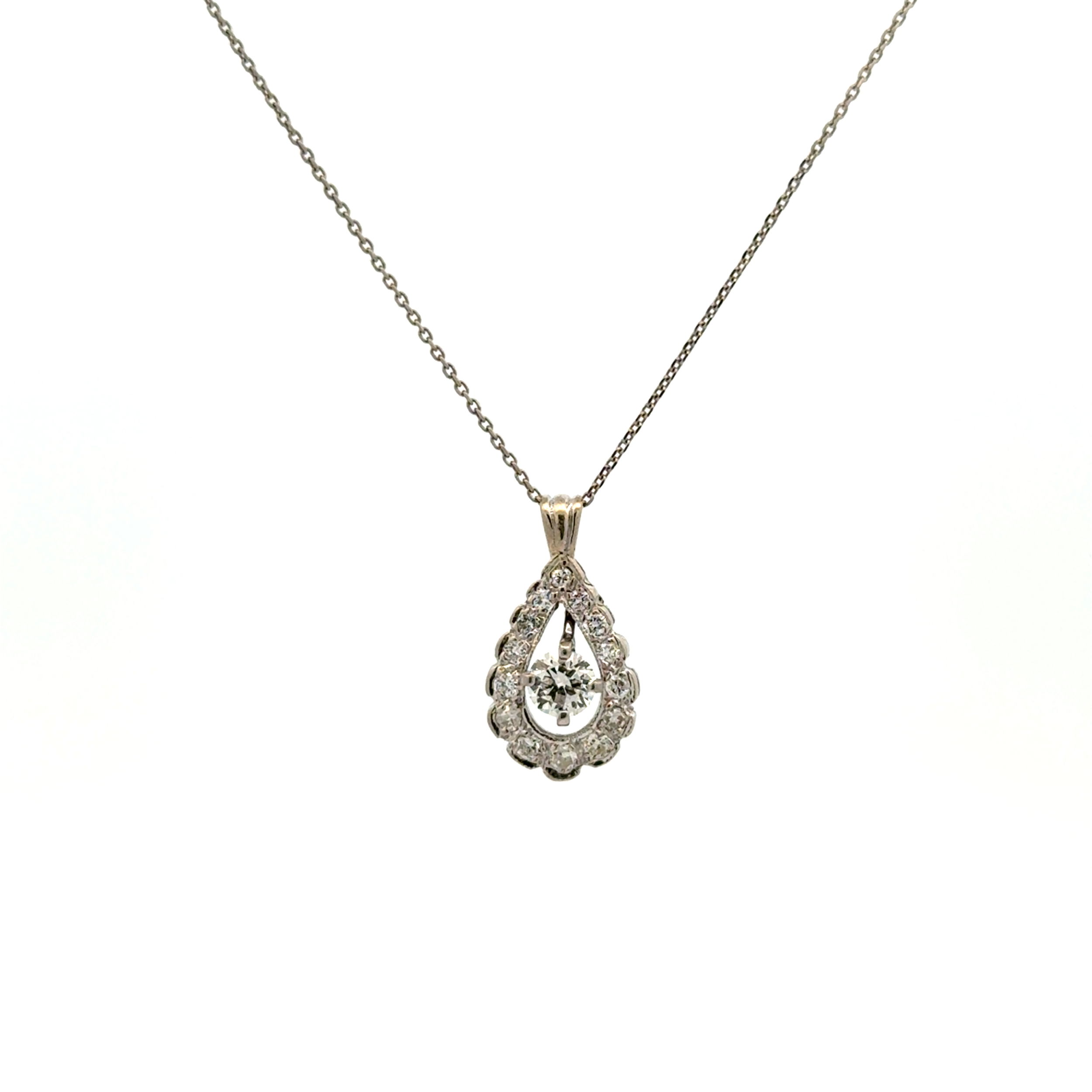 14K WG Mid Century .30ct Pear Diamond & .15tcw SC Diamond Pendant Necklace 2.7g, 19"