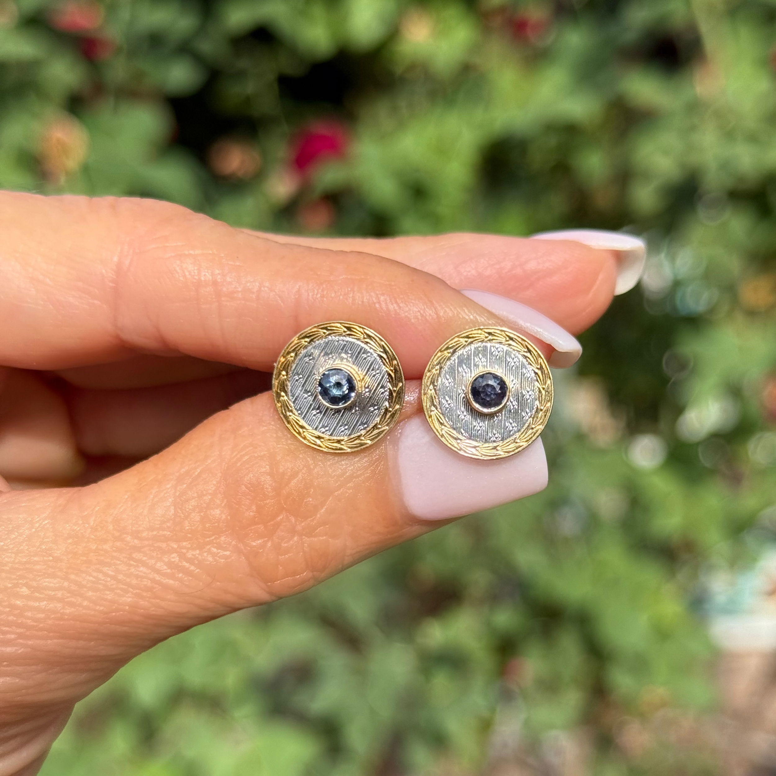 Platinum on 14K Art Deco .60tcw Sapphire Engraved Stud Earrings 3.5g