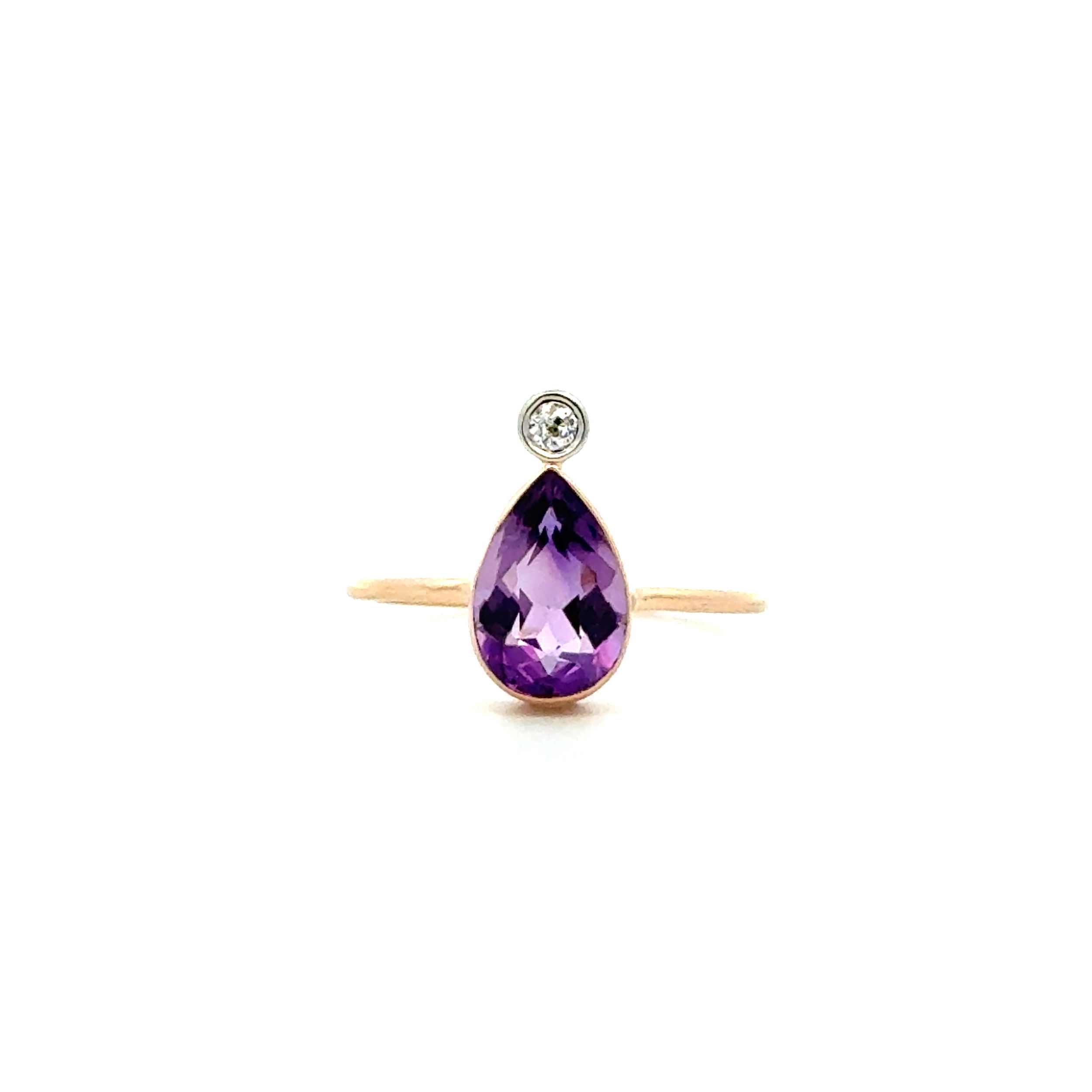 14K YG 1.25ct Pear Amethyst & .08ct OEC Diamond Stick Pin Ring 2.0g, s6.25