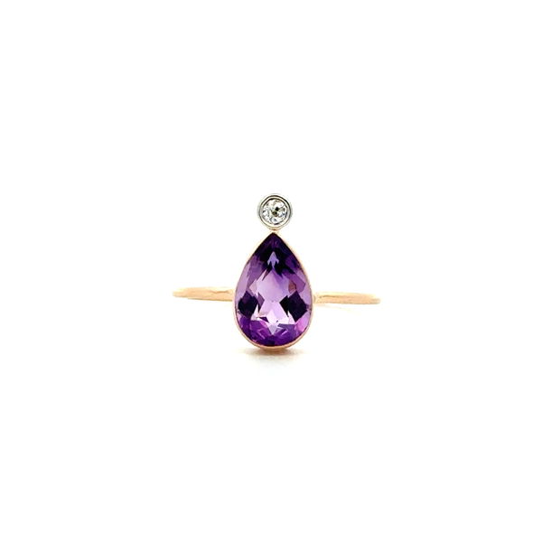 Closeup photo of 14K YG 1.25ct Pear Amethyst & .08ct OEC Diamond Stick Pin Ring 2.0g, s6.25