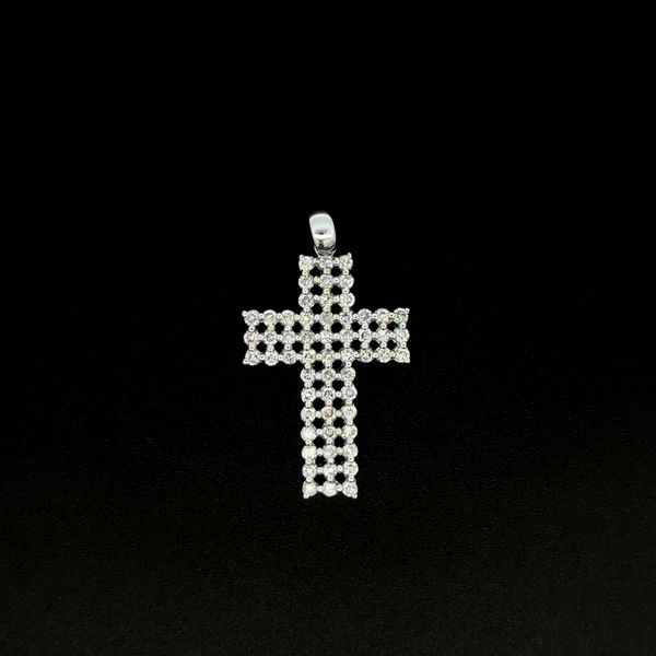 Closeup photo of 18K WG 3 Row .27tcw Diamond Lattice Cross Pendant 3.2g,