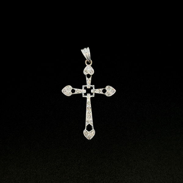 Closeup photo of 14K WG .12tcw Diamond Open Work Cross Pendant 2.3g,