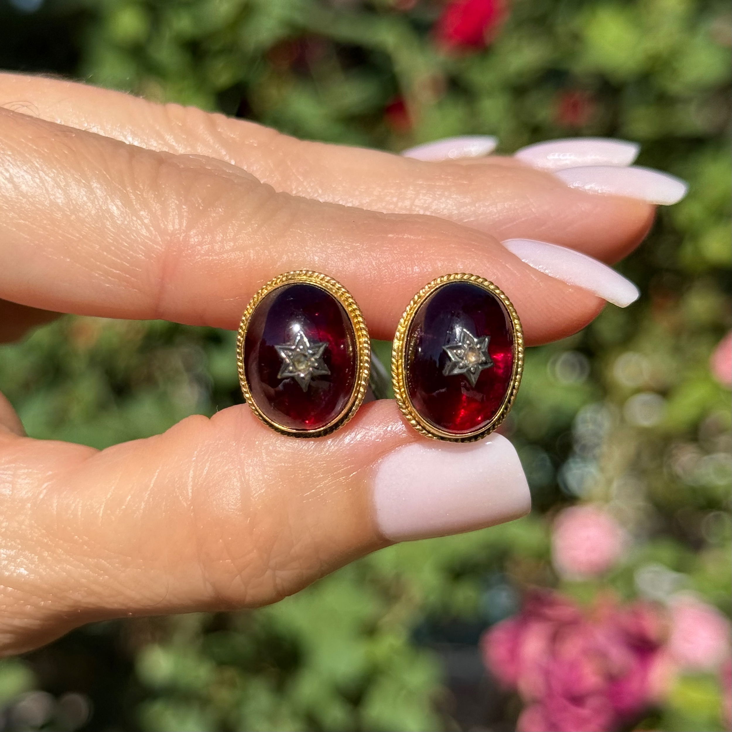 14K & 10K Bohemian 12tcw Garnet & .06tcw Diamond Granulation Earrings 7.2g
