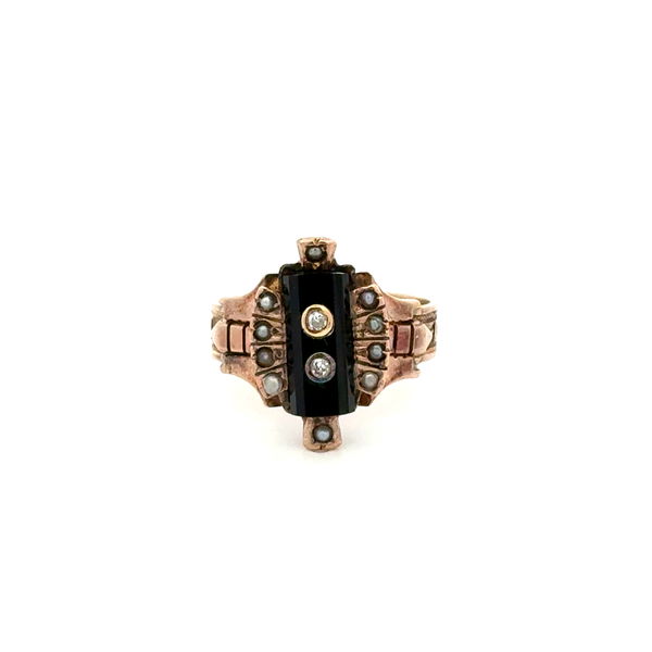 Closeup photo of 14K YG Victorian .04tcw Diamond, Onyx & Seed Pearl Ring 3.8g, s5.5