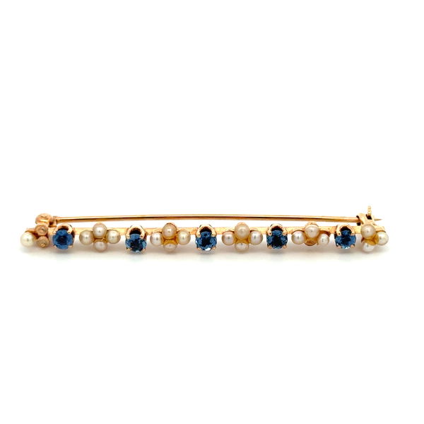 Closeup photo of 14K YG Victorian .80tcw Sapphire & Seed Pearl Bar Brooch 3.9g, 2.25"