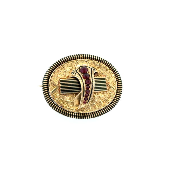 Closeup photo of 18K YG Victorian .70tcw Garnet, Enamel & Engraved Oval Brooch 8.3g, 1.30"