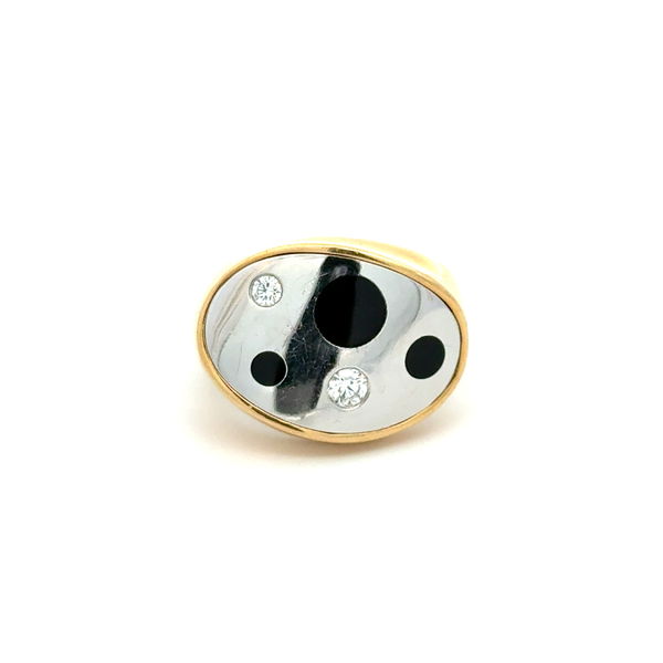 Closeup photo of Plat Top 18K YG .23tcw RBC Diamond, Onyx Circles Modernist Ring 15.9g, s6.75