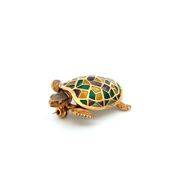 Closeup photo of 18K YG Plique A Jour Purple, Green & Yellow Turtle Brooch 5.6g, 1.20"