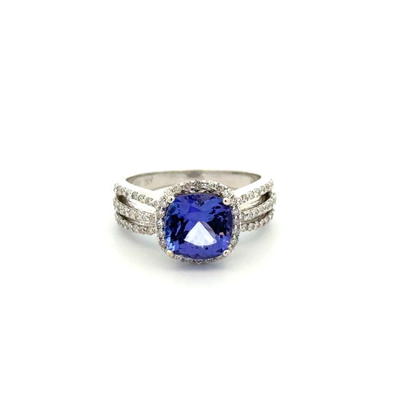 Closeup photo of 14K WG 2.50ct Cushion Tanzanite & .35tcw RBC Diamond Triple Row Shank Ring 5.6g, s7