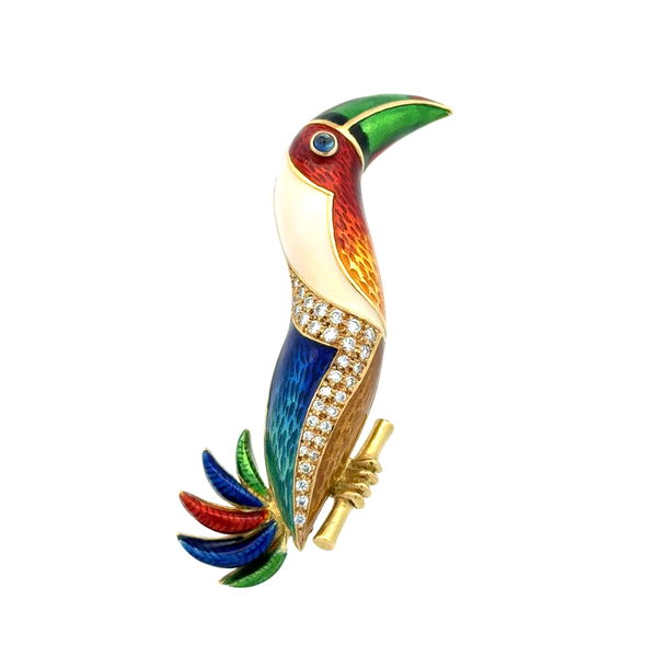 Closeup photo of 18K YG Enamel, .55tcw RBC Diamond & Sapphire Eye Toucan Bird Brooch 19.7g, 2.50"