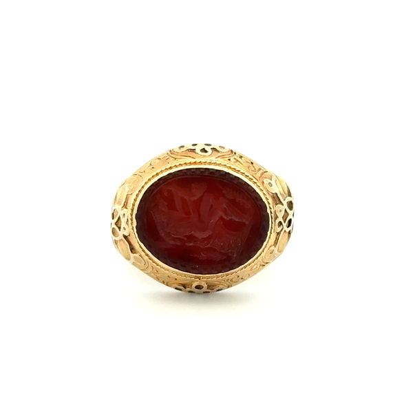 Closeup photo of 15K YG Antique Carnelian Intaglio Engraved Ring 8.7g,