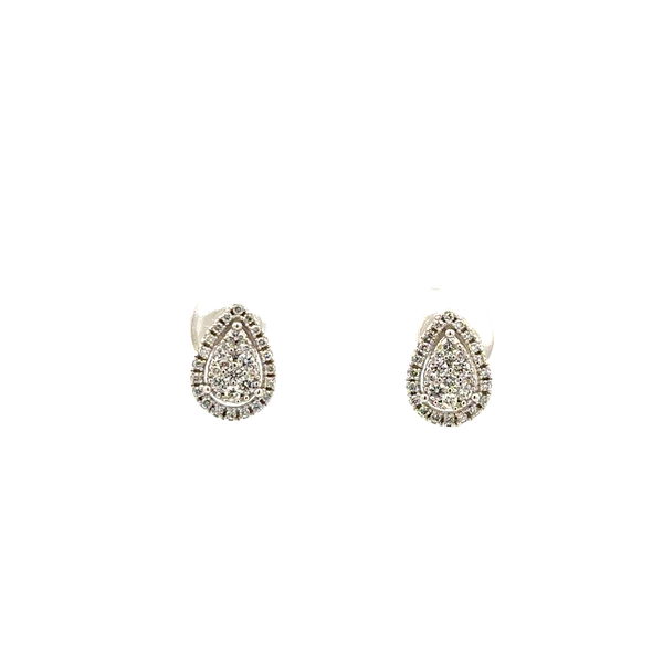Closeup photo of 14K WG .32tcw RBC Diamond Pear Shape Mosaic Stud Earrings 1.7g