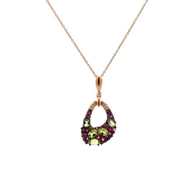 Closeup photo of 14K RG .36tcw Peridot, .40tcw Pink Sapphire & .06tcw Diamond Freeform Opan Pendant Necklace 3.0g, 18"