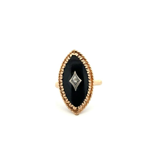 Closeup photo of 14K YG Victorian Revival .01ct Diamond on Marquis Onyx Slab Navette Ring 5.7g, s5