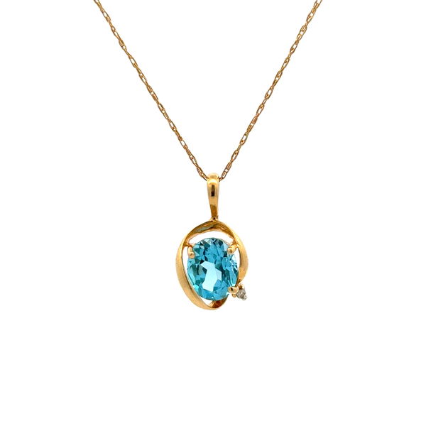Closeup photo of 14K YG 1ct Oval Blue Topaz & .01ct Diamond Pendant Necklace 2.4g, 20"