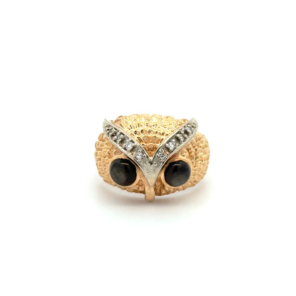 Closeup photo of 14K YG 1960's OWL .10tcw Diamonds & .60tcw Cat's Eye Chrysoberyl Eyes 10.3g, s7.75
