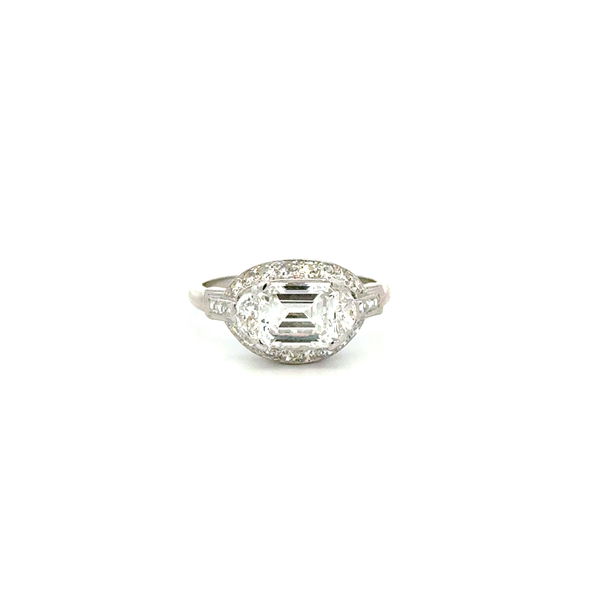Closeup photo of Platinum on Gold Art Deco 1.60ct Emerald Cut Diamond D-VS1 GIA & 1.00tcw Half Moon, French Cut & SC Diamond Milgrain Ring 3.5g, s6.75