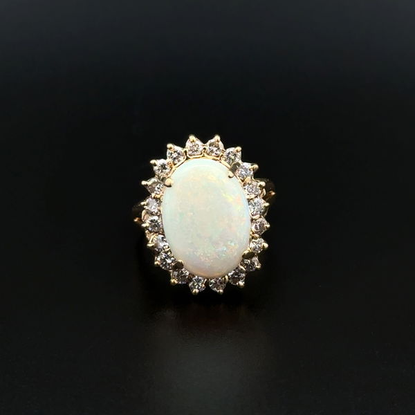 Closeup photo of 14K 3ct Oval White Opal & .80tcw RBC Diamond Ring 5.7g, s5.5