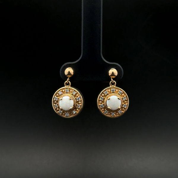 Closeup photo of 14K YG .80tcw Round White Opal & .20tcw RBC Diamond Circle Drop Earrings 5.3g