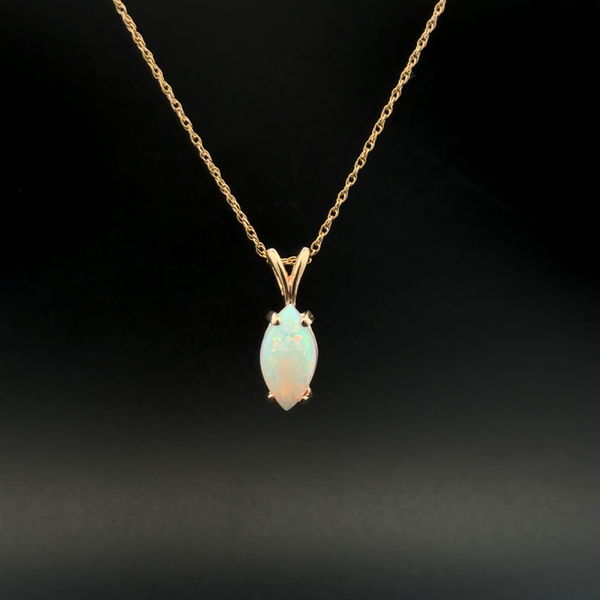 Closeup photo of 14K YG 1ct Marquis White Crystal Opal Solitaire Pendant Necklace 2.9g, 18"