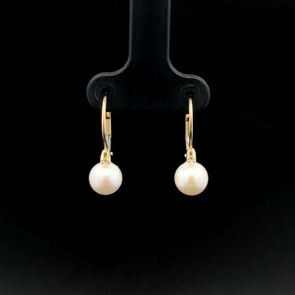 Closeup photo of 14K YG 6.8mm Pearl & .02tcw Diamond Leverback Earrings 1.7g