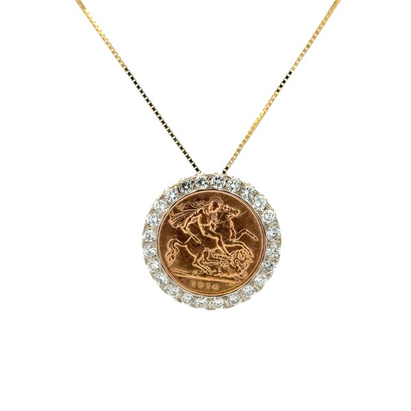 Closeup photo of 22K & 14K 1914 British Half Sovereign Gold Coin & 1.65tcw RBC Diamond Pendant Necklace 9.2g, 18"