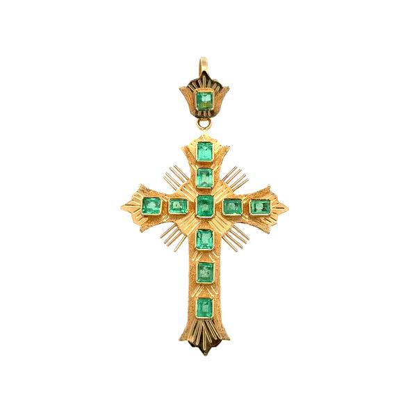 Closeup photo of 18K YG Antique 11 Emerald 1.00tcw Cross Pendant 3.4g