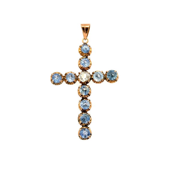 Closeup photo of 18K YG Antique Victorian 3.50tcw Sapphire .50ct & OEC Diamond Cross Pendant 4.6g,