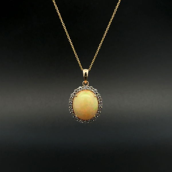 Closeup photo of 14K YG 2.70ct Opal & .20tcw Diamond Pendant Necklace 3.1g, 18"
