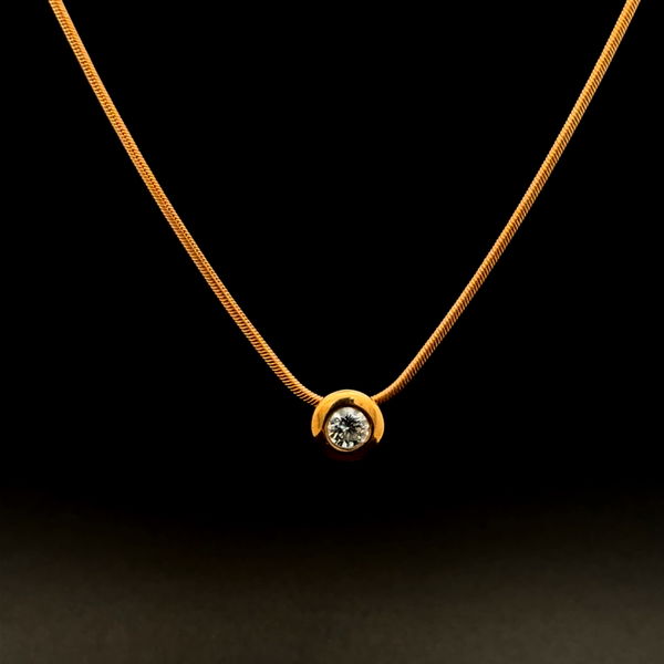 Closeup photo of 18K YG .40ct RBC Diamond Bezel Set Solitaire on Snake Chain 7.5g, 16"