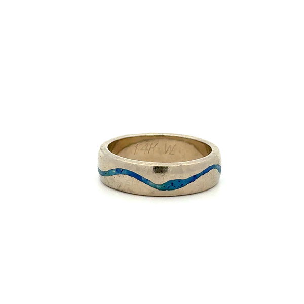 Closeup photo of 14k WG Turquoise Inlay 5.20mm Band Ring 5.6g, s5.75