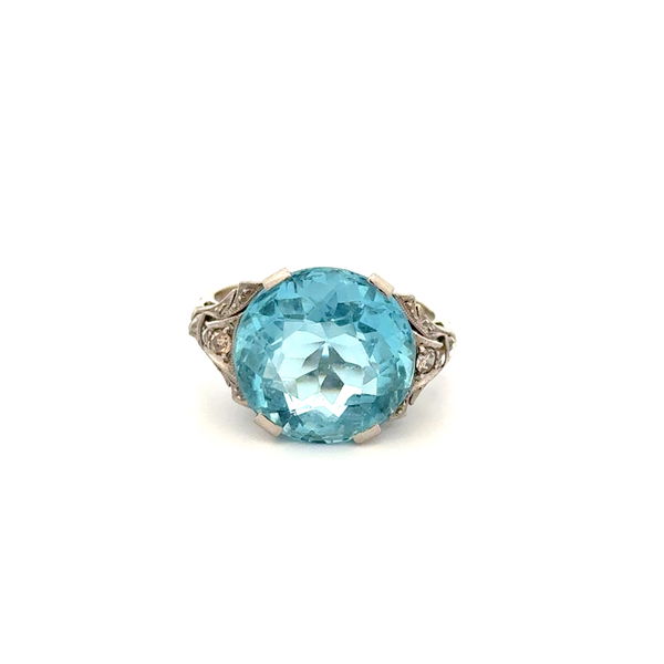 Closeup photo of Platinum Art Deco 9.00ct Round Aquamarine & .10tcw Diamond Ring 5.5g, s5
