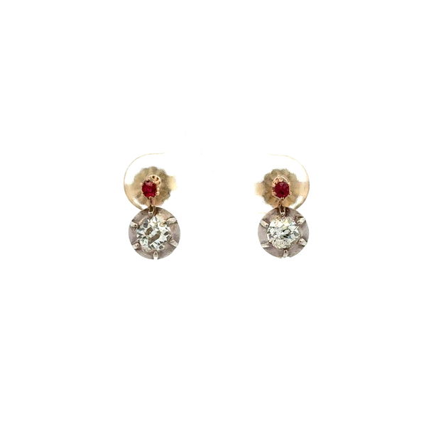 Closeup photo of Silver on Gold .85tcw Old Mine Cushion Diamond & .06tcw Ruby Tops 1.6g