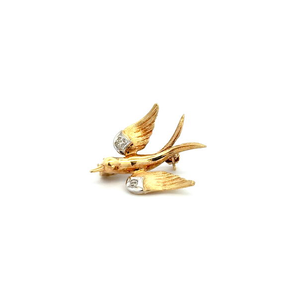 Closeup photo of 14K YG .02tcw Diamond Swallow Bird Brooch 2.8g
