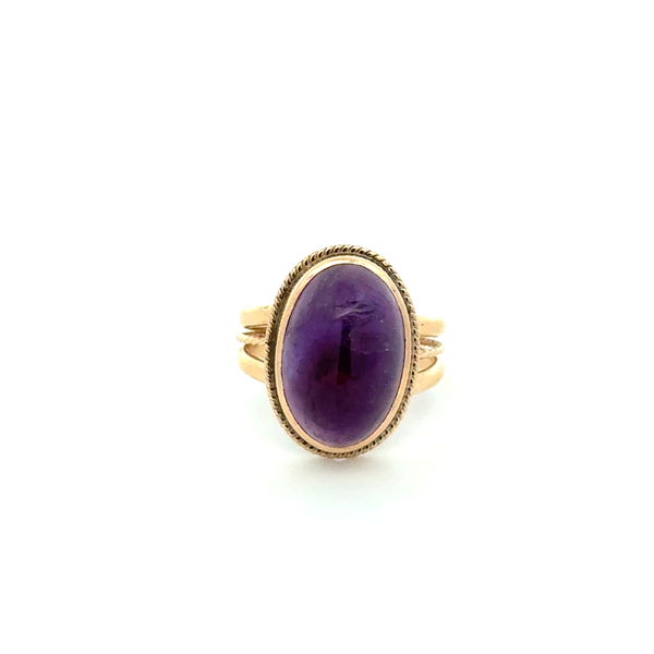 Closeup photo of 14K YG 12ct Oval Cabochon Amethyst Split Shank Ring 4.9g, s5.75