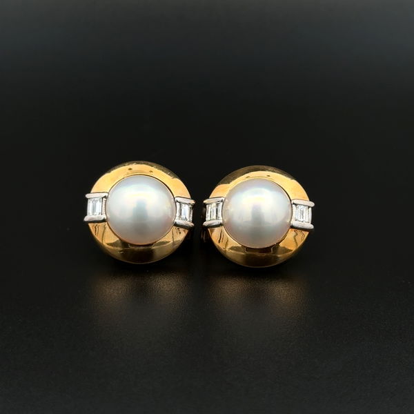 Closeup photo of 18K YG Mabe Pearl & .20tcw Emerald Cut Diamond French Clip Earrings 10.7g, 15.70mm