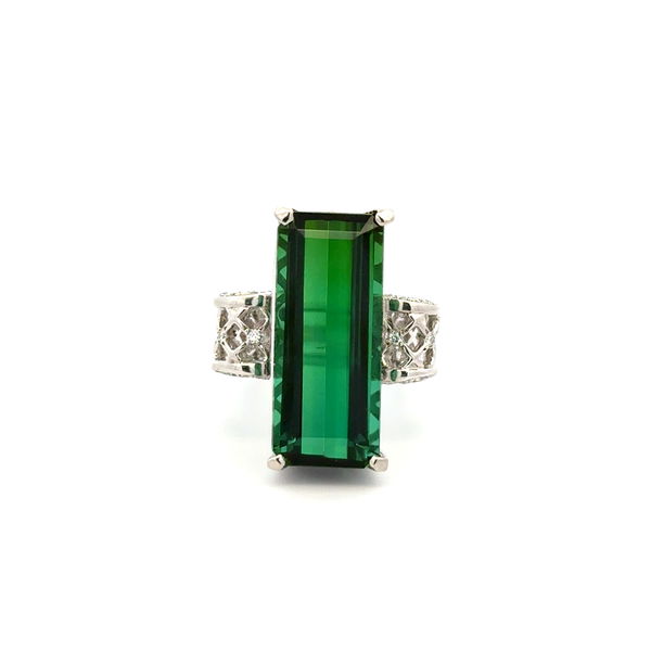 Closeup photo of Platinum 13.80ct Long Emerald Cut Green Tourmaline & .43ct Diamond Ring 17.6g, s6.5