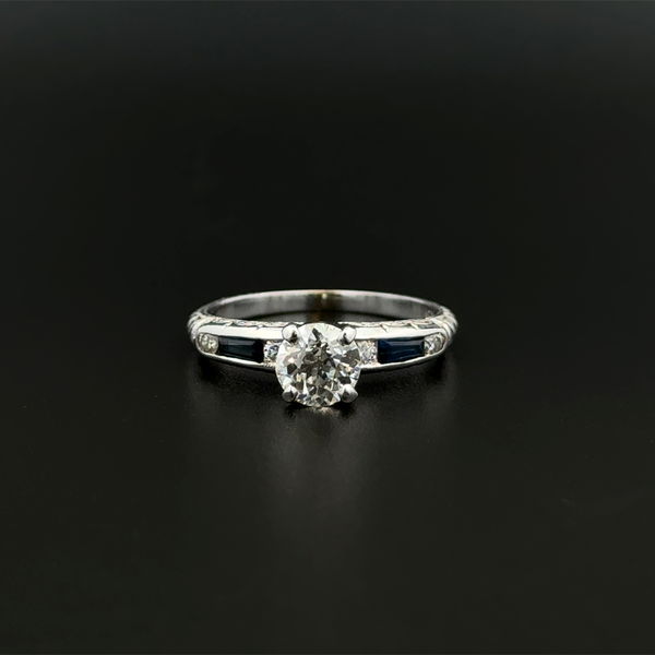 Closeup photo of 14K WG Art Deco .68ct OEC Diamond, .30tcw Sapphire & .20tcw RBC Diamond Ring 2.6g, s6