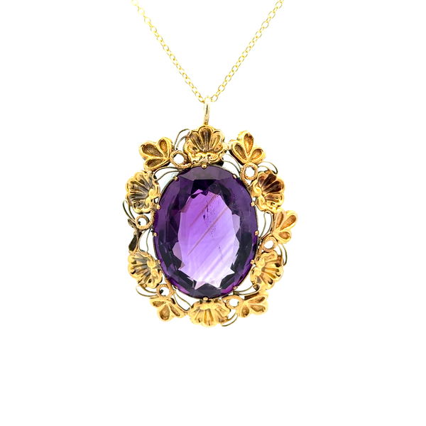 Closeup photo of 14K YG Arts & Crafts 23ct Oval Amethyst Shell Design Pendant Necklace 9.6g, 18"