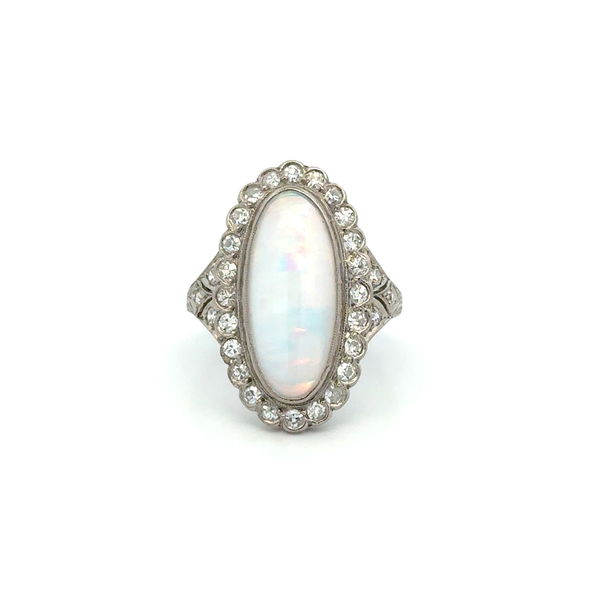 Closeup photo of Platinum Art Deco 6.50ct Long Australian Opal & .90tcw Diamond Filigree Ring 5.9g, s6.5